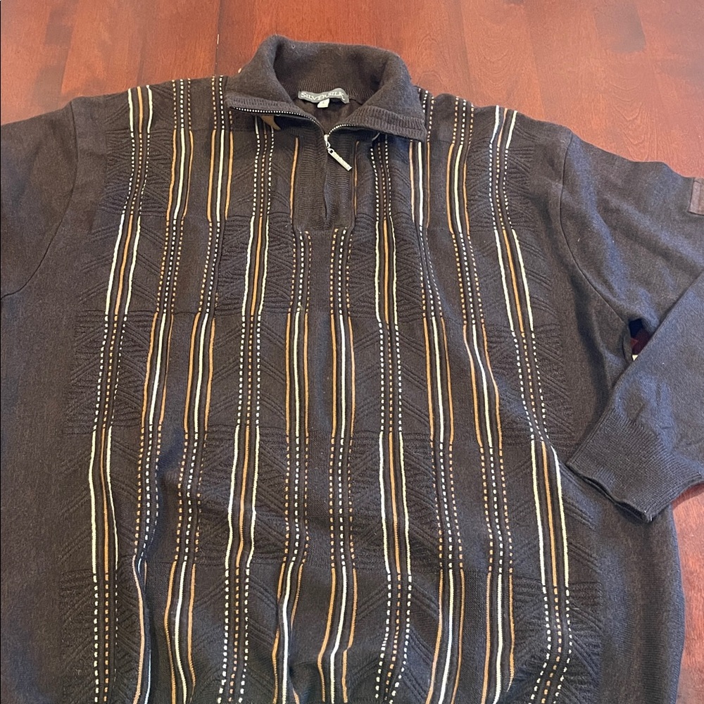 30905 Silver Silk blend sweater L VTG Brown Stripes Quarter Zip EUC FALL WINTER